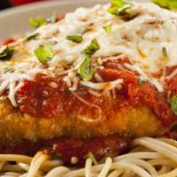 Chicken Parmesan · Breaded & fried chicken breast, house-made marinara, melted mozzarella, served with a side l...