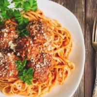 Linguine & Meatballs · Linguine pasta, three house-made beef meatballs, marinara sauce, parmesan.