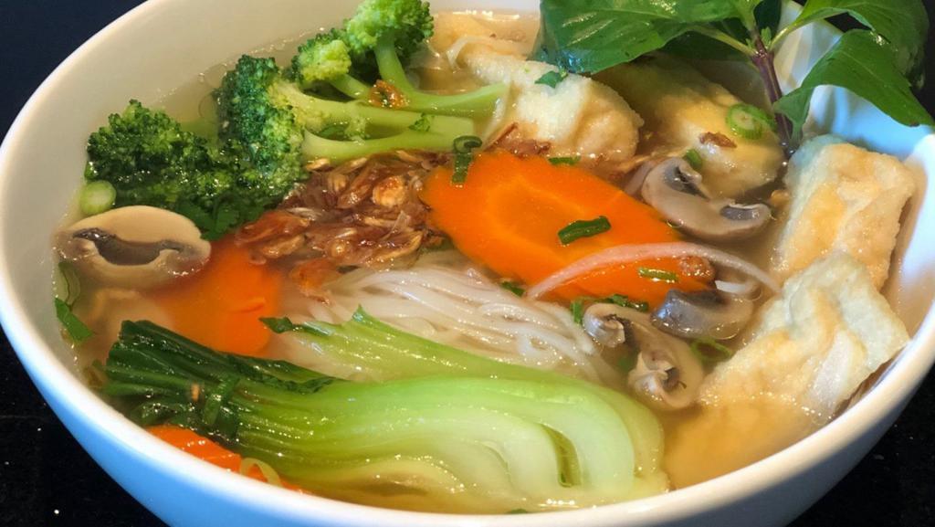 Vegetarian Pho · Vegetarian. Richly seasoned 100% vegetable stock ladled over rice noodles and fresh or fried tofu, vegetables and mushrooms.