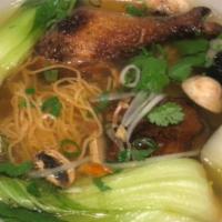 Roast Duck Noodle Soup · Succulent 5-spice oven-roasted duck with fresh egg noodles, mushrooms, and baby bok choy, se...
