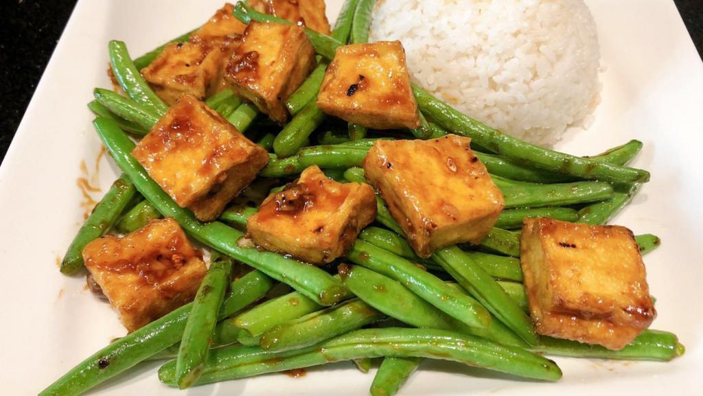 Wokked Green Beans Tofu · Green beans, fried tofu, garlic oyster sauce, served with rice.