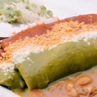 Enchiladas · veggie, chicken or carne asada served with rice, beans, cotija, salsa verde, guajillo chile ...