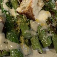 Roasted Asparagus Caesar · Roasted asparagus caesar, focaccia croutons, lemon