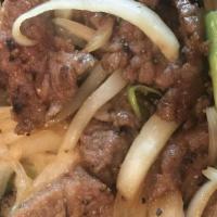 Mongolian Beef Lunch Special · Spicy. Beef stir-fried with green and yellow onion served on a bed of broccoli.