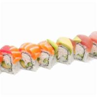 Rainbow Roll · California roll topped with tuna, salmon, albacore, avocado, and shrimp.