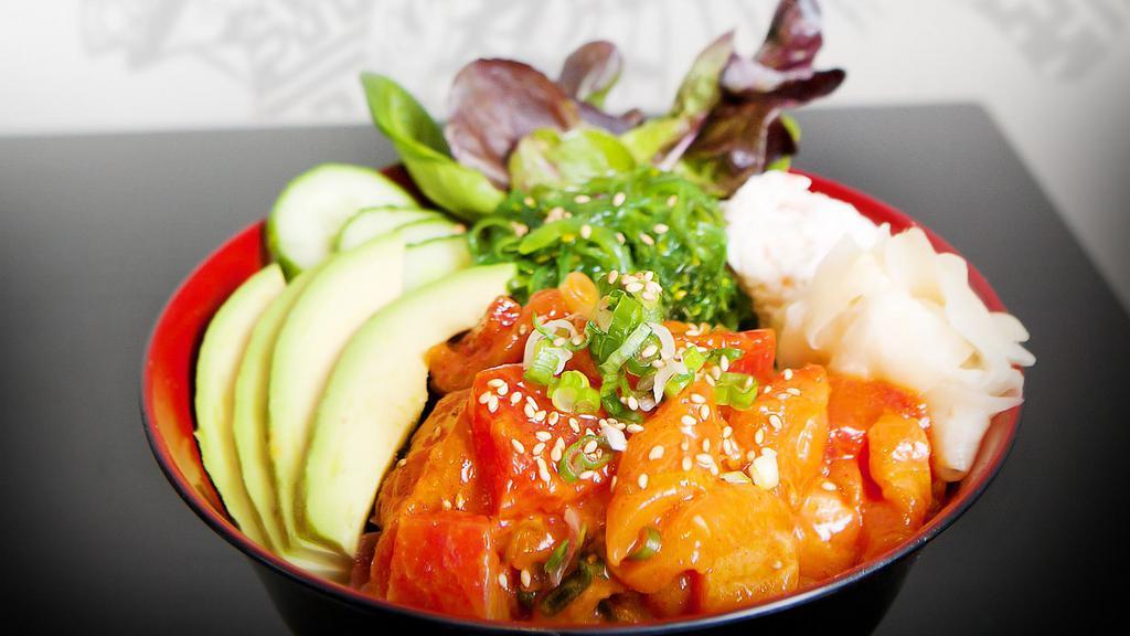Sk Kick Poke Bowl · Spicy Sauce, Tuna, Salmon, Crabmeat, Seaweed Salad and Vegetables over Spring Mix, House Dressing and Rice with House Ponzu Sauce and Sesame Oil