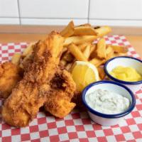 Halibut Fish And Chips - · Pacific Halibut Fish and Chips. Served with choice of sauce and ketchup.