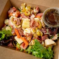 Antipasto · Mix of cured Italian meats, cheeses, mild giardiniera, olive oil and balsamic, mixed greens.