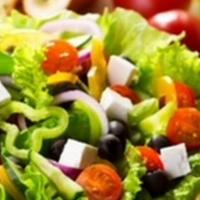 Greek Salad · Blend of romaine lettuce, tomato, onion cucumber, and kalamata olives, with feta cheese and ...