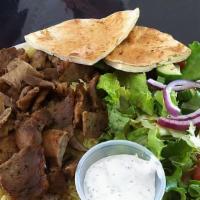 Gyro Plate  · A thinly cut mixture of lamb and beef ground with vegetables and spices. Served with salad, ...