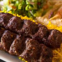 Kufta-Kabob Plate · Grilled mix combination of beef and lamb marinated meat cooked with our special seasoning se...