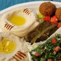 Vegetarian Platter 2 · Vegan. A combo of hummus, Baba ghanoush, falafel and dolma-served with pita.