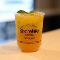 Peach Mojito · Mocktail made with green tea, fresh limes, peach fruit jam, and crushed ice. Cannot modify i...