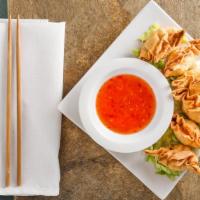 Crab Rangoons (6 Pieces) · Cream Cheese Wontons with a hint of Sweet and Spicy.