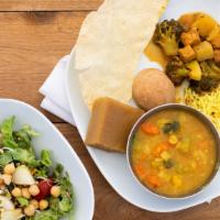 Vegetarian Lunch Plate · Vegetables with panir (fresh cheese), veggies, savory beans, basmati rice, lentil veg soup, ...