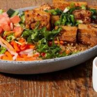 Soy Braised Pork Belly Bowl ( Contains Gluten) · Soy sauce braised pork belly served with lettuce, pickled daikon carrot, satay scallions , c...