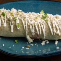 Burritos · Flour Tortilla, Pico De Gallo, Mexican Cheese Blend, Rice, Refried Beans, Sour Cream, Queso ...