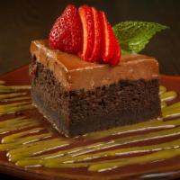 Vegan Chocolate Cake · Chocolate Cake, Peanut Butter Frosting, Sweet Tomatillo Sauce