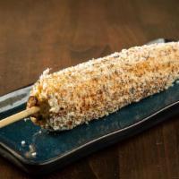 Vegan Elote · Grilled White Corn, Vegan Sour Cream, Vegan Cheese, Tajin