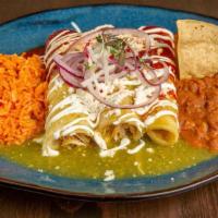 Vegan Enchiladas · Three Corn Tortillas, Vegan Cheese, Vegan Sour Cream, Red Onion, Radish, Micro Greens, Rice,...