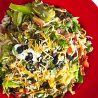 Veggie Salad · Romaine, spinach, black beans, brown rice, cheese, pico, fajita veggies, corn, med salsa. Ch...