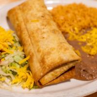 Chimichanga, Rice & Beans · Choice of red chile, green chile, or ground beef.