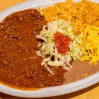 Red Chile, Rice, Beans, & Tortilla · 