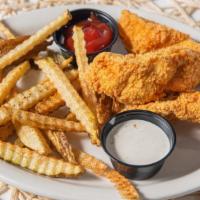 Chicken Strips · Four breaded chicken fillets fried and served with French Fries