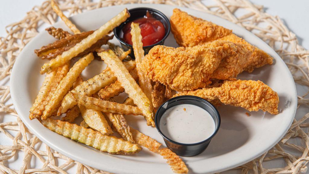 Chicken Strips · Four breaded chicken fillets fried and served with French Fries