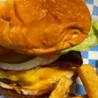 Cheese Burger · Served with cheese, lettuce, tomato, pickle and onion and French fries. Add bacon for an add...