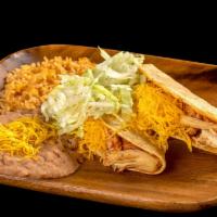 #10 Two Chicken Tacos · Two hard shell chicken tacos with lettuce and cheese served with rice and beans.