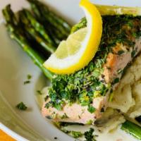 4 Herb Salmon · Atlantic salmon covered in Dijon mustard then topped with tarragon, Italian parsley, thyme a...