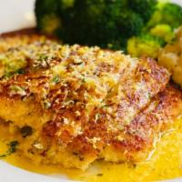 Lemon Crusted Chicken · Chicken breast breaded in a blend of seasoned panko and Parmesan cheese on a bed of creamy l...