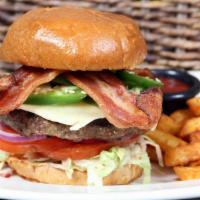 Habanero Bacon Cheese Burger · Angus ground beef topped with habanero cheese, four pieces sweet habanero bacon, lettuce, to...