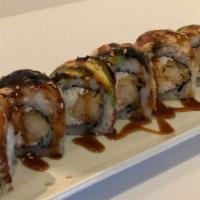 Dragon Roll · Crabmeat, shrimp tempura, topped w/ eel, avocado, sesame seeds & eel sauce.
