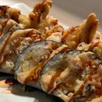 Last Samurai Roll · Soft shell crab, shrimp tempura, crabmeat, topped w/ tobiko, spicy mayo & eel sauce.