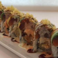 Boss Roll · Crabmeat, shrimp tempura, topped w/ spicy tuna under avocado, crunch flakes, wasabi cream, s...