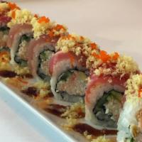 Gangnam Roll · Spicy crabmeat, avocado, cucumber, topped w/albacore, tuna, crunch flakes, tobiko, spicy may...
