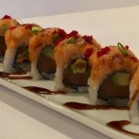 007 Roll · Salmon, avocado, topped w/ spicy scallops, red masago, green onions, & drizzle of eel sauce.