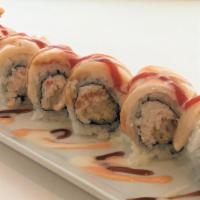 White Tiger Roll · Spicy crabmeat, shrimp tempura, topped w/ super white tuna, shrimp ebi, white mayo, spicy ma...