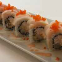 12Th Man Roll · Crabmeat, shrimp tempura, cream cheese, topped w/ salmon and super white tuna, tobiko, white...