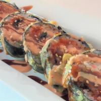 Whatchamacallit Roll · Salmon, crabmeat, tobiko, avocado, deep fried w/ wasabi cream, spicy mayo & eel sauce (6pcs)