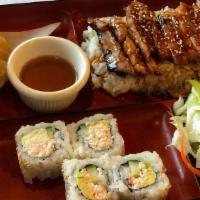 Lunch Bento  (Only Until 3Pm) · Chicken teriyaki, deep fried gyoza (2pcs), shrimp tempura (1pc), vegetable tempura (3pcs), c...