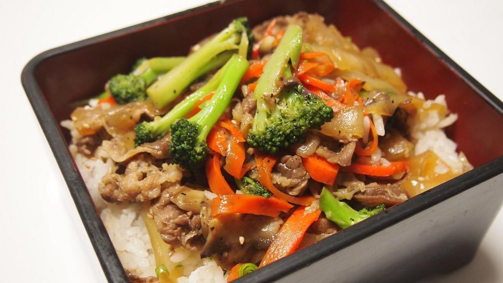 Beef Gyudon  (Only Until 3Pm) · Marinated beef sliced w/ assortment of vegetables over steam rice
