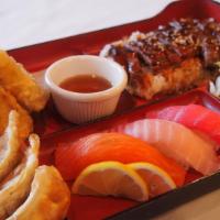 Sushi Bento  (Only Until 3Pm) · Chicken teriyaki, deep fried gyoza (3pcs), shrimp tempura (2pcs), vegetable tempura (3pcs), ...