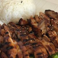 Chicken Teriyaki · Grilled chicken w/ teriyaki sauce, served with rice, salad.