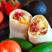 Bacon & Egg Burrito (With Cheese & Potato) · Fresh scrambled eggs, chopped crispy bacon, our breakfast potatoes with cheddar cheese wrapp...