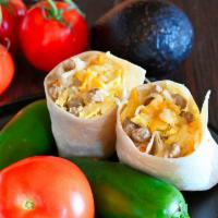 Sausage & Egg Burrito (With Cheese & Potato) · Fresh scrambled eggs, crumbled pork sausage, our breakfast potatoes with cheddar cheese wrap...