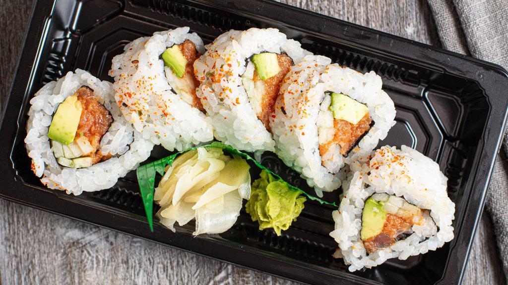 Spicy Tuna Roll · In-spicy tuna, avocado, cucumber. Contains (or may contain) raw or undercooked ingredients. Consuming raw or undercooked meat, poultry, seafood, shellfish or eggs may increase your risk of foodborne illness, especially if you are pregnant or have certain medical conditions.