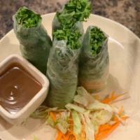 Fresh Spring Rolls · Fried tofu, spinach, bean sprouts, cucumber, carrot, cilantro and sen mee noodle wrapped in ...